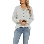 Women's Drawstring Hoodie Button-up Top - Light Grey