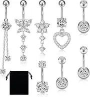[Leikedun] 8 Pieces Belly Button Piercing, 14G Stainless Steel Piercing Navel, Titanium Belly Button Piercing 1.6 mm with Round Zirconia, Dangle Belly Button Piercing, Long Butterfly Flower Heart Pendant