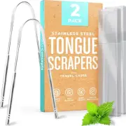 Tongue Scraper (2-Pack), Cure Bad Breath, Stainless Steel Tongue Cleaners, 100%