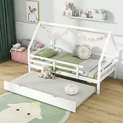 KOMFOTT Twin Size House Bed with Trundle, Wood Bed Frame with Safety Rails & Decorable Roof, House Platform Bed Frame for Kids, Teens, No Box Spring Needed Montessori Bed for Playroom (White)