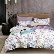 VM VOUGEMARKET Floral Duvet Cover Set,Botanical Flower Leaves Bird Pattern Bedding Set in Light Purple Lilac with Zipper Closure No Comforter(3pcs, Queen Size)