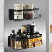 VOOWO Magnetic Spice Rack for Refrigerator, 2 Pack Metal Magnetic Shelf for Side of Refrigerator, Spice Jar Organizer, Spice Rack Organizer, Seasoning Rack for Kitchen Organization And Storage Black