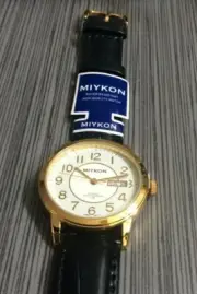 Miykon Gold Men's Watch White Round Day & Date Dial Black Leather Band WR30M New