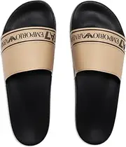 [EA7] Emporio Slide Sandals, Black and Gold, Logo on Band, Black Gold