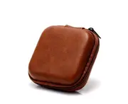 USB Data Cable Storage Bag Leather Earphone Headset Cover Mini Zipper Pouch Box for Most Headsets Drop Resistant - Brown