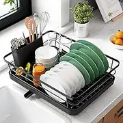 Anfower Iron Dish Drying Rack with Drainboard Dish Drainers for Kitchen Counter Sink Adjustable Spout Dish Strainers with Utensil Holder and Knife Slots, 42x30cm, Black