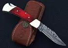 custom Handmade Damascus folding knives with Leather sheath