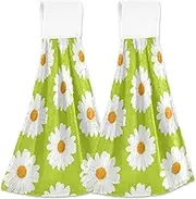 Cute Daisy Green Hand Towels with Loops for Hanging Custom Bathroom Towel Set of 2 Absorbent Soft Cute Kitchen Decorative Towels, 18.2 x 14 Inch