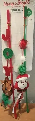 Christmas TEASER Toys for Cats 2 Wands with Bells Feathers Catnip Fuzzy Balls