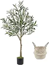 Warmplants Artificial Olive Tree, 4ft Tall Fake Olive Leaves Plant with Basket, Indoor Outdoor Faux Olive Topiary Silk Tree for Home Livingroom Office Décor