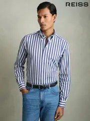 Reiss Blue Stripe Tobin Striped Jersey Button-Down Shirt With Cotton (AW3601) | $225