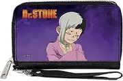 [Buckle-Down] Dr. Stone Wallet, Zip Around, Dr Stone Gen Asagiri Laughing Pose Title Logo Purples, Vegan Leather
