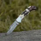 Famous Custom Handmade Damascus Steel Folding Knife With Leather Sheath