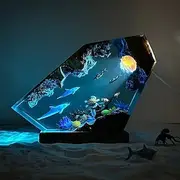 Handmade Ocean Resin Night Light, Dolphin and Turtle Resin Night Light Couple Diver Exploring Underwater World Clownfish Water Grass, USB Wooden Table Lamp for