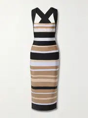 [HERVÉ LÉGER] HERVÉ LÉGER - + Law Roach Striped Recycled-bandage Midi Dress - Light brown - medium medium Brown