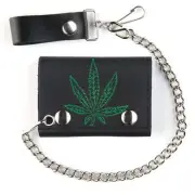 GENUINE LEATHER LARGE POT LEAF TRI-FOLD MEN'S WALLET W SNAP ON CHAIN new folding