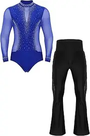[Yihuimin] Men Latin Dance Costume Long Sleeve Rhinestone Bodysuit with Tassel Flared Pants for Ballroom Salsa