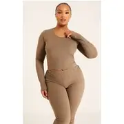 Plus Chocolate Brown Contour Sculpt Long Sleeve Crop Top, Chocolate Brown