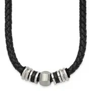 Stainless Steel Chisel Brushed And Polished Black Leather Rubber 19 Inch Necklace
