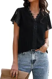[Cyrakt] Women's Lace Casual Short Sleeve V-Neck T-Shirt Elegant for Summer Tops Spring Summer Autumn Blouse