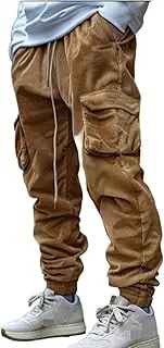 [HanZhuoAu] Men's Outdoor Cargo Pants Retro Multipocket Loose Corduroy Pants Elasticated Waist Drawstring Design