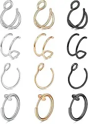 [Mayhoop] Fake Nose Ring Faux Nose Ring Fake Nose Ring Hoop Double Fake Nose Ring Fake Nose Piercing for Women Men Silver Rose Gold Black