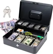 Cash Box Key Lock on Top, Large Cash Boxes with Money Tray and Key Lock with 4 B