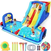 Inflatable Water Slide Bounce House, Double Slide Bouncer Castle Playhouse w/Splash Pool,Jump Area, Climbing Wall,Basketball Hoop, Water Balls, 450W Air Blower for Kids Backyard Indoor Outdoor Use