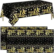 durony 2 Pack 18th Birthday Tablecloth Table Cover Plastic Black Gold Happy Tablecloth Waterproof Rectangular Table Cloth Cover for Indoor or Outdoor Parties Birthday