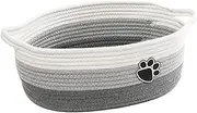 Small Woven Cotton Basket With Handle for Organizing - Rope Storage Basket, Cute Nursery Gift, Dog Toy Storage Bins, Toy Organizer in Grey-White
