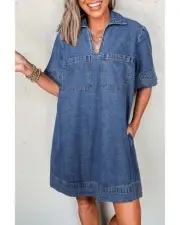 Azura Exchange Blue Short Sleeve Collared Patched Pocket Denim Mini Dress Women