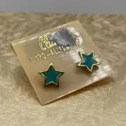 Vintage 90s Y2K New NOS Turquoise Enamel Gold Star Stud Earrings Hypo-allergenic