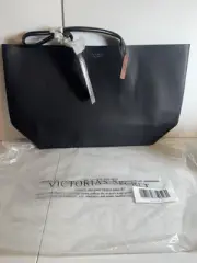 Victoria's Secret Large Black Faux Leather Tote Bag Tassel &Rainbow Sequin Pouch
