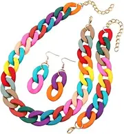 [XAM] Macaron Multicolor Chunky Necklace Earring Bracelet Set Candy Hip Hop Punk Choker Link Chain Collar Bohemian Exaggerated 80S Statement Strand Dress Accessories