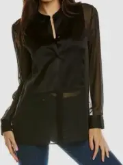 $295 Theory Women's Black Sheer Long Sleeve Button-Up Shirt Top Petite Size P