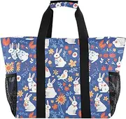 [sanluoli] Large Tote Bag Foldable Beach Totes Bags Sandproof Canvas Laundry Bag, Bunnies Blue Flowers, 1 size