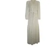 Express Womens Sheer Tie Waist Maxi Robe White Silver Foil Clip Feather S-M New
