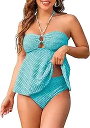 [Jolefille] Women Bandeau Swimsuit Two Piece - Tummy Control Bathing Suit Full Coverage High Waisted Bikini Sets Halter Teens, Blue, Medium