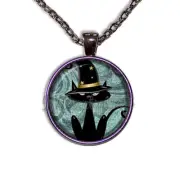 Wizard Black Cat - Handmade ROUND Glass Pendant Necklace Gunmetal Black