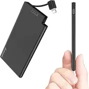 Auskang Portable iPhone Charger Mini Power Bank with Built in Lightning Cable Ultra Slim External Battery Pack Compatible with iPhone 14/14 Pro/13/13 Pro/12/11/11/X/8 (Black)