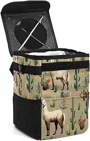 Car Trash Can with Lid,Bag Hanging Storage Pockets Leak-Proof,Portable Garbage Bin,Cartoon Llamas Plant Flowers