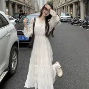 Long-Sleeve Notch Neck Plain Button Crinkled Tiered Maxi A-Line Dress White - L