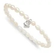 Sterling Silver Polished Fwc Pearl & Heart Children'S Stretch Bracelet