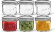 8 Oz Mason Jars with Lids, Labels and Measures! 6-Pack Wide Mouth Mason Jars, Gl
