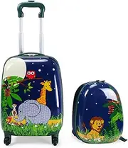 [YIDAX] Kids Carry on Luggage Set 2 Pieces of 18" Suitcase and 12" Backpack, Boy and Girl School Travel Cartoon Trolley Case,Animal