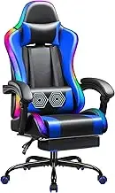 Shahoo Gaming Chair with LED RGB Lights, Footrest and Massage Lumbar Support, Ergonomic Computer Seat Height Adjustable with 360°Swivel and Headrest, Blue