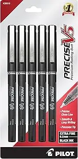 PILOT Precise V5 Stick Liquid Ink Rolling Ball Stick Pens, Extra Fine Point (0.5mm) Black Ink, 5-Pack (26010)