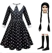 Wednesday Addams Costume for Girls Kids Halloween Costumes Dress with Wig and Socks Family Costume