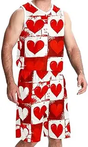 [KQNZT] Basketball Jersey, Outfit Tank Top Track Shorts, Men's Athletic Basketball Jersey, Red White Checkerboard Heart Modern