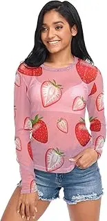 [RPLIFE] Red Strawberries Pink Long Sleeve Mesh Tops for Women, Sheer See Through Top S-XXL